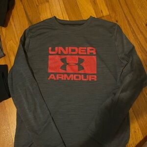 Under Armour Boys Charcoal and Red Long Sleeve Tee